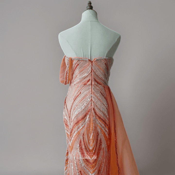 Orange One - Shoulder Sequin Evening Gown with Tulle Train - Sparkly Maxi Dress with Beaded Detail Plus Size - WonderlandByLilian