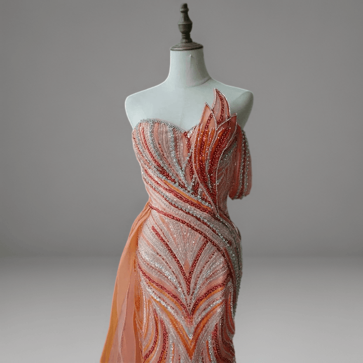 Orange One - Shoulder Sequin Evening Gown with Tulle Train - Sparkly Maxi Dress with Beaded Detail Plus Size - WonderlandByLilian