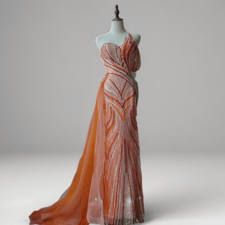 Orange One - Shoulder Sequin Evening Gown with Tulle Train - Sparkly Maxi Dress with Beaded Detail Plus Size - WonderlandByLilian