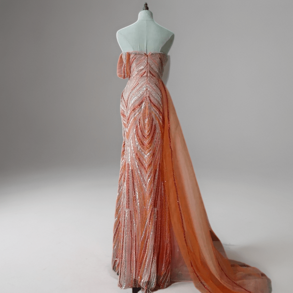 Orange One - Shoulder Sequin Evening Gown with Tulle Train - Sparkly Maxi Dress with Beaded Detail Plus Size - WonderlandByLilian