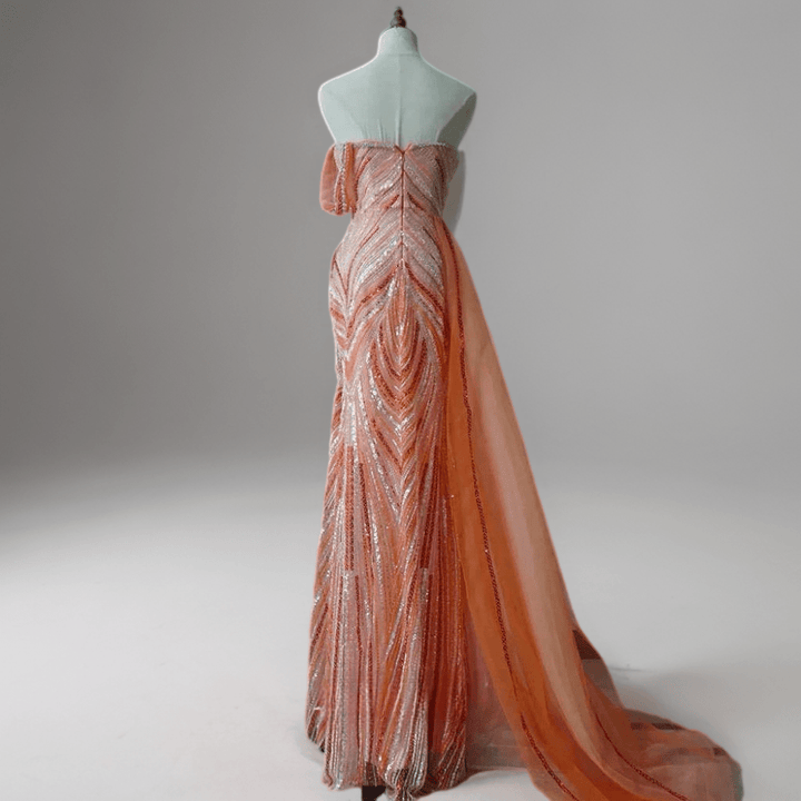 Orange One - Shoulder Sequin Evening Gown with Tulle Train - Sparkly Maxi Dress with Beaded Detail Plus Size - WonderlandByLilian