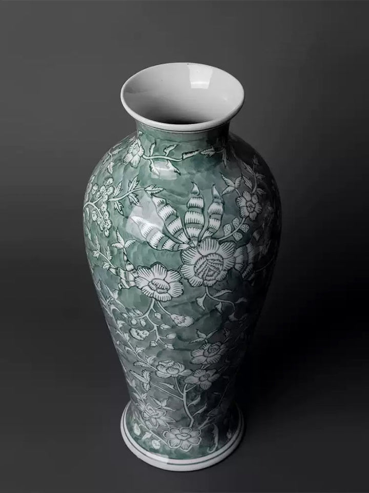 Oriental Celadon Green Grisaille Handmade Porcelain Vase with Twin Branch Motif - WonderlandByLilian