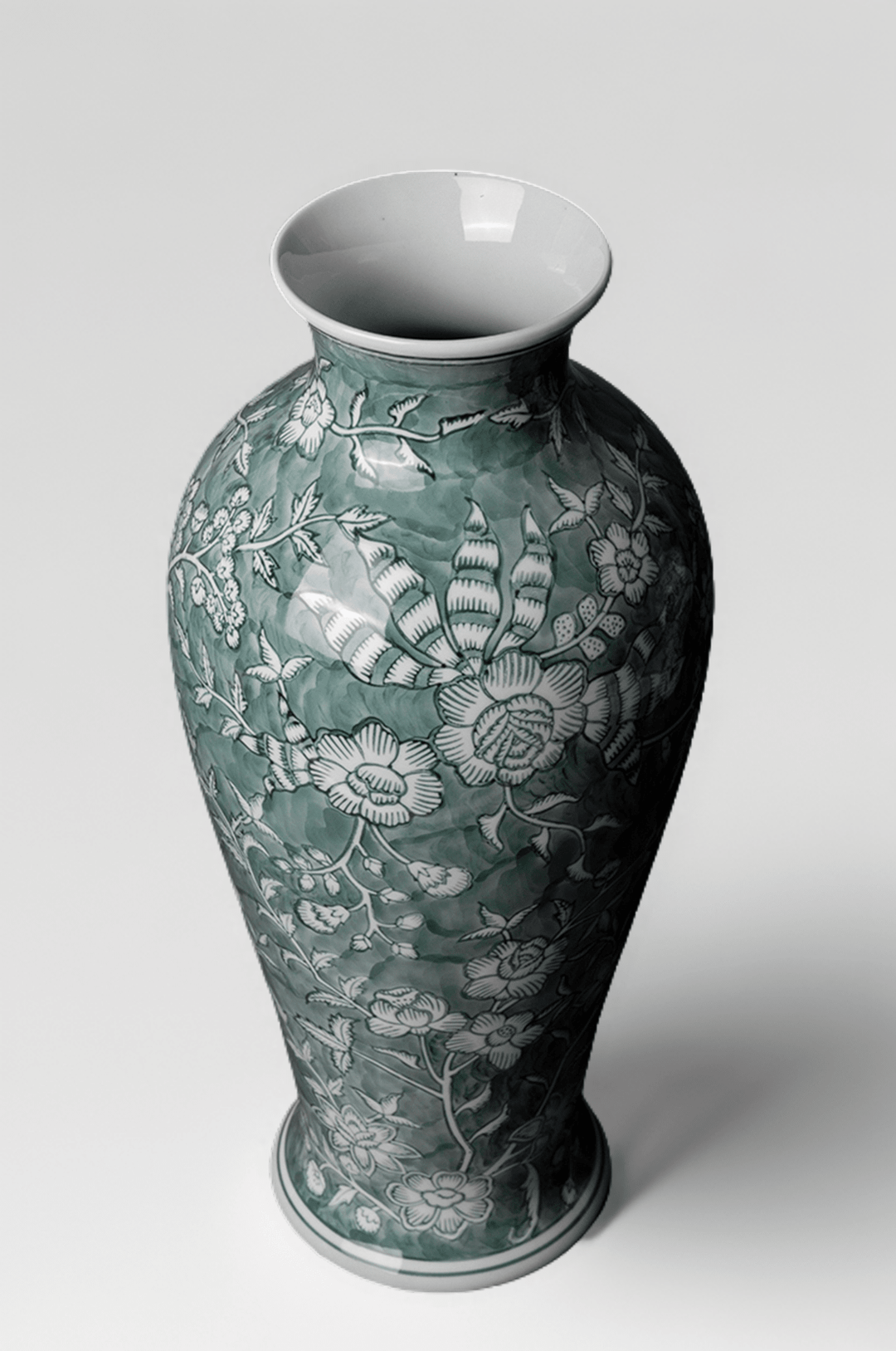 Oriental Celadon Green Grisaille Handmade Porcelain Vase with Twin Branch Motif - WonderlandByLilian