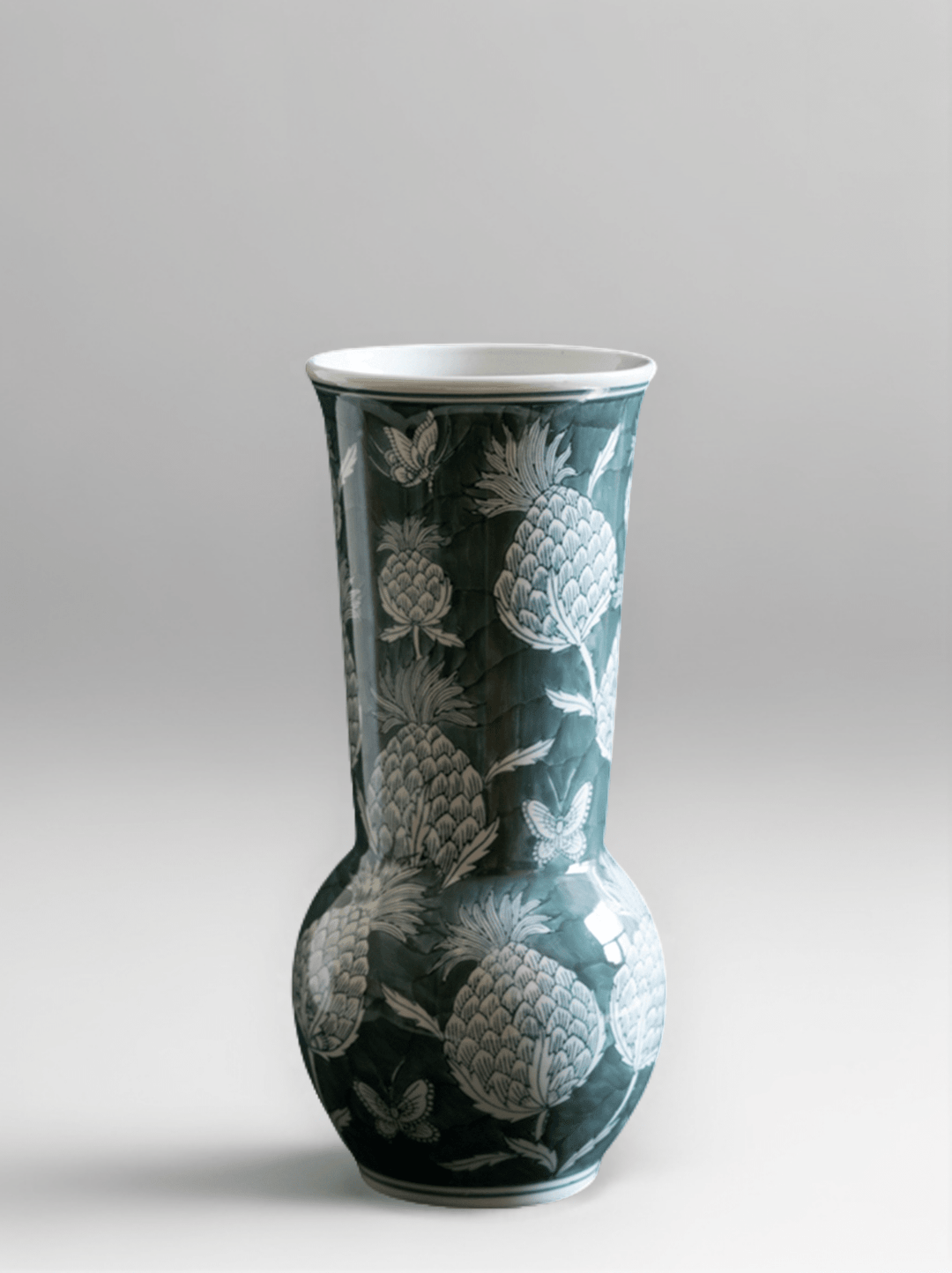 Oriental Celadon Green Hand - Painted Porcelain Vase with Pinecone and Butterfly Motif - WonderlandByLilian