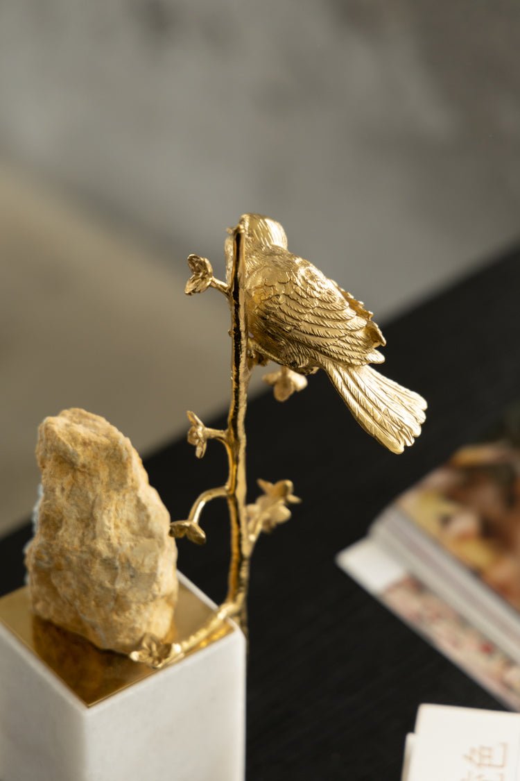 Oriental Handcrafted Golden Brass and Blue Crystal Bird Sculpture on Marble Base - WonderlandByLilian