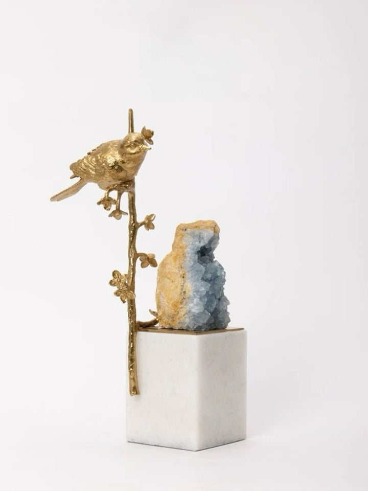 Oriental Handcrafted Golden Brass and Blue Crystal Bird Sculpture on Marble Base - WonderlandByLilian