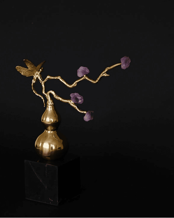 Oriental Handcrafted Golden Decorative Gourds with Amethyst Branch and Dragonfly Accent - WonderlandByLilian