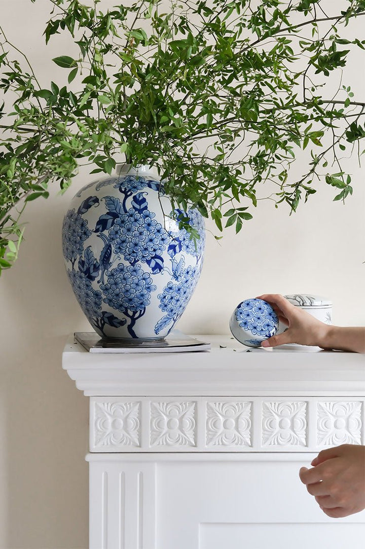 Oriental Handcrafted Large Blue and White Porcelain Vase Hand Painted in Grisaille Under Glaze - WonderlandByLilian