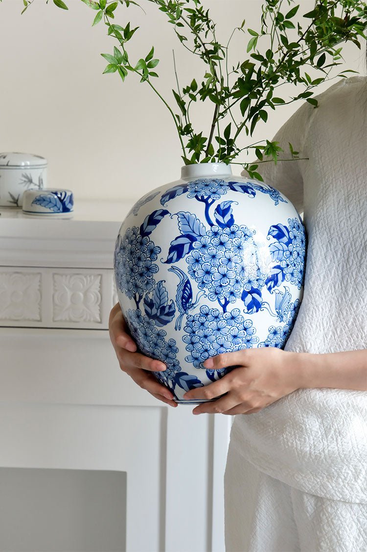 Oriental Handcrafted Large Blue and White Porcelain Vase Hand Painted in Grisaille Under Glaze - WonderlandByLilian