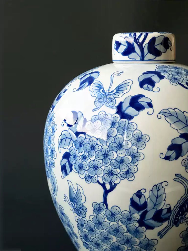 Oriental Handcrafted Large Blue and White Porcelain Vase Hand Painted in Grisaille Under Glaze - WonderlandByLilian