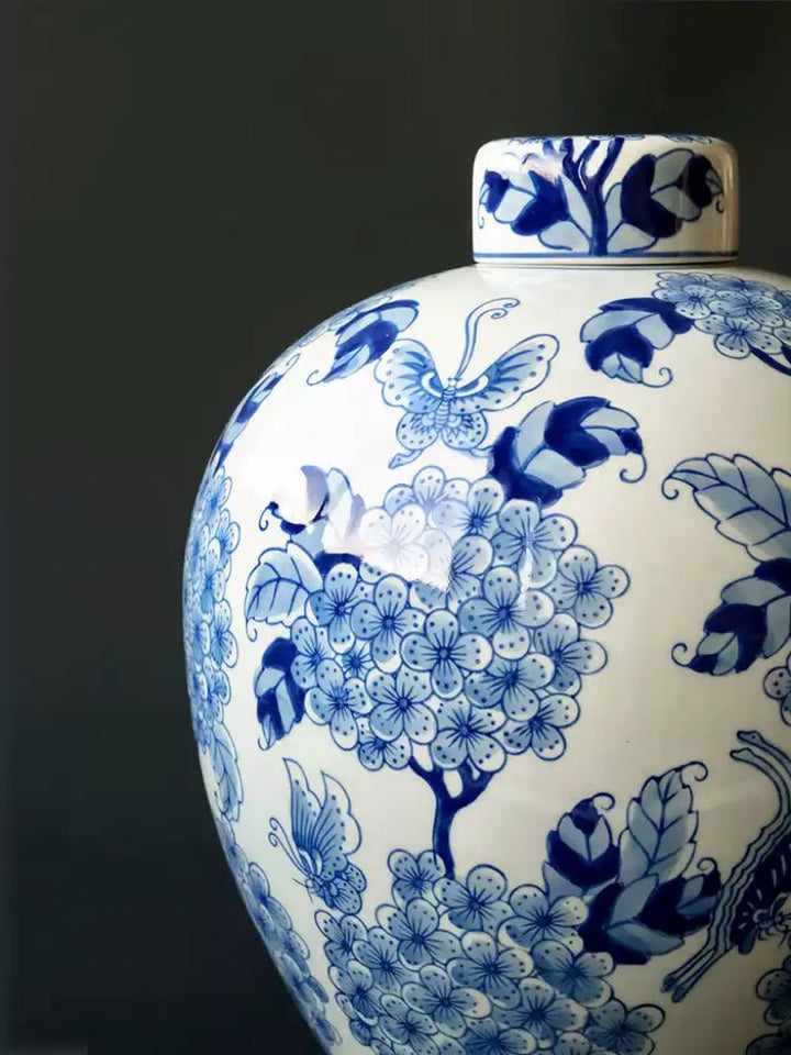 Oriental Handcrafted Large Blue and White Porcelain Vase Hand Painted in Grisaille Under Glaze - WonderlandByLilian