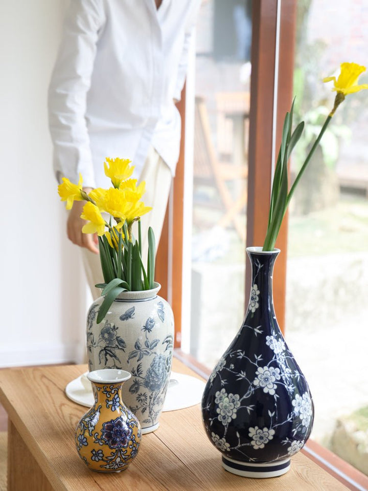 Oriental Handmade Blue and White Handmade Porcelain Vase with Phoenix and Plum Blossom Design - WonderlandByLilian