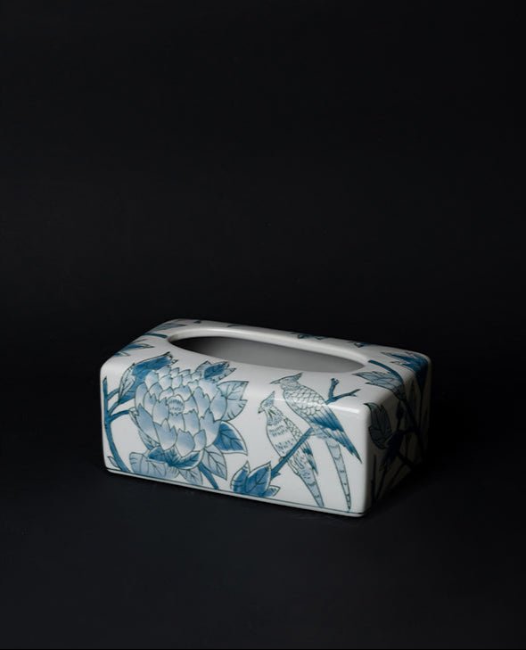 Oriental Handmade Blue and White Porcelain Tissue Box with Hand - Painted Underglaze Art - WonderlandByLilian