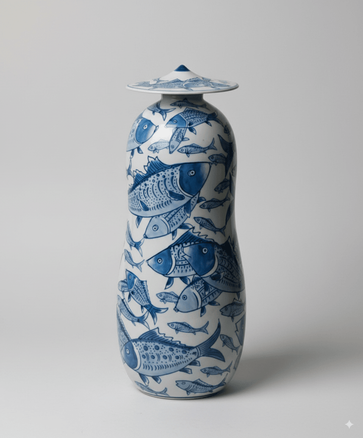Oriental Handmade French Blue and White Porcelain Vase and Box Set with Hand - Painted Fish Motifs - WonderlandByLilian