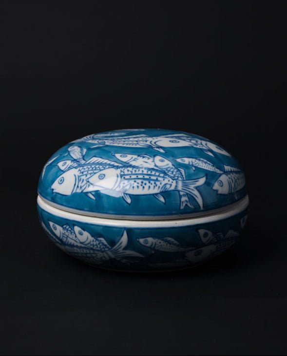 Oriental Handmade French Blue and White Porcelain Vase and Box Set with Hand - Painted Fish Motifs - WonderlandByLilian