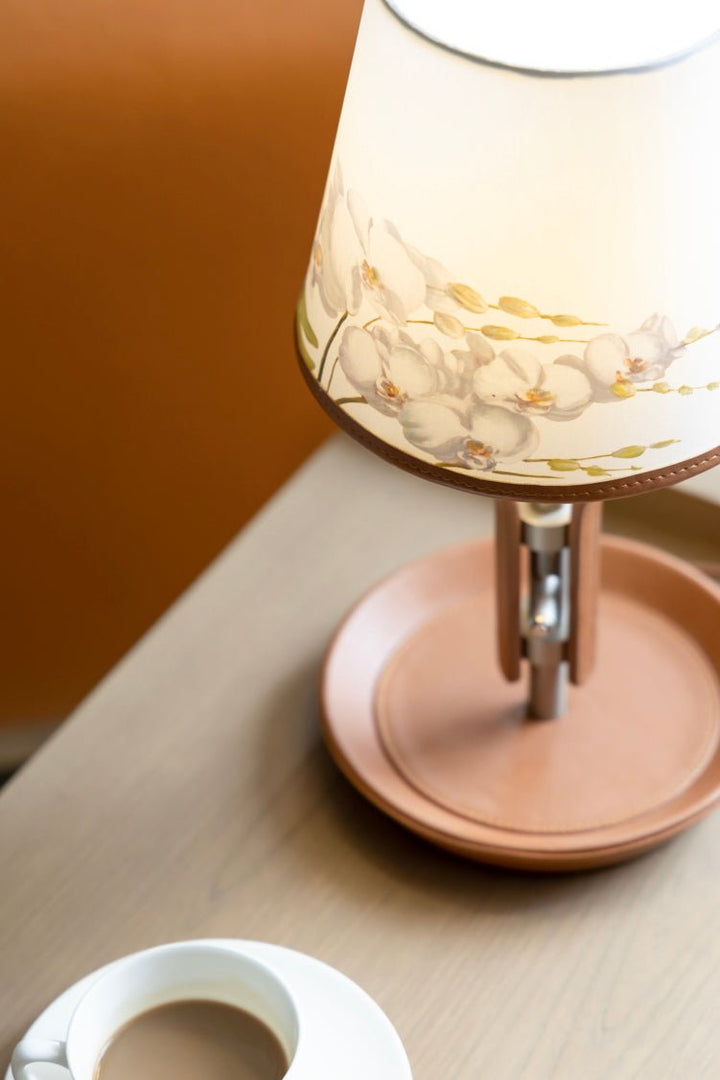 Oriental Handmade Orchid Designer Lamps with Linen Shade and Italian Leather Base - WonderlandByLilian