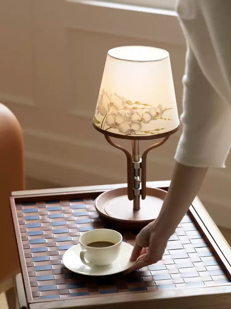 Oriental Handmade Orchid Designer Lamps with Linen Shade and Italian Leather Base - WonderlandByLilian
