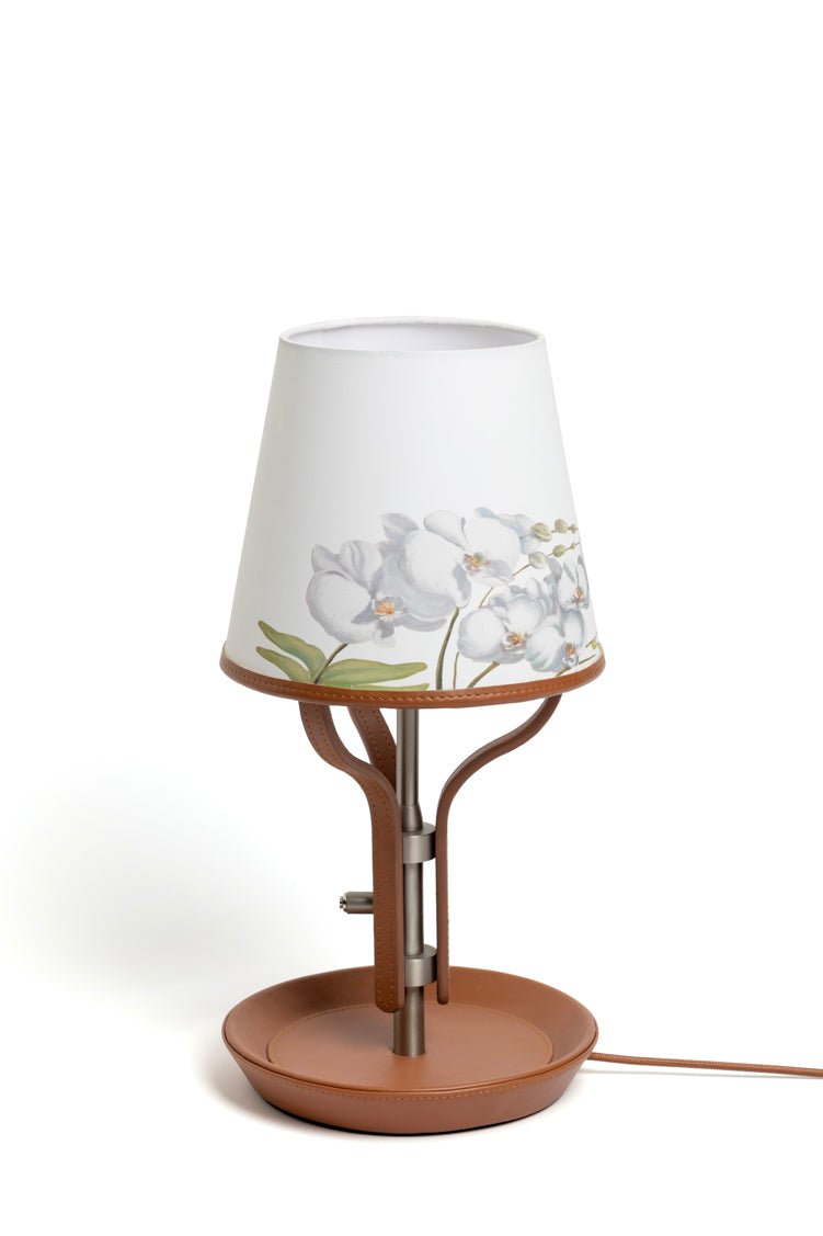 Oriental Handmade Orchid Designer Lamps with Linen Shade and Italian Leather Base - WonderlandByLilian