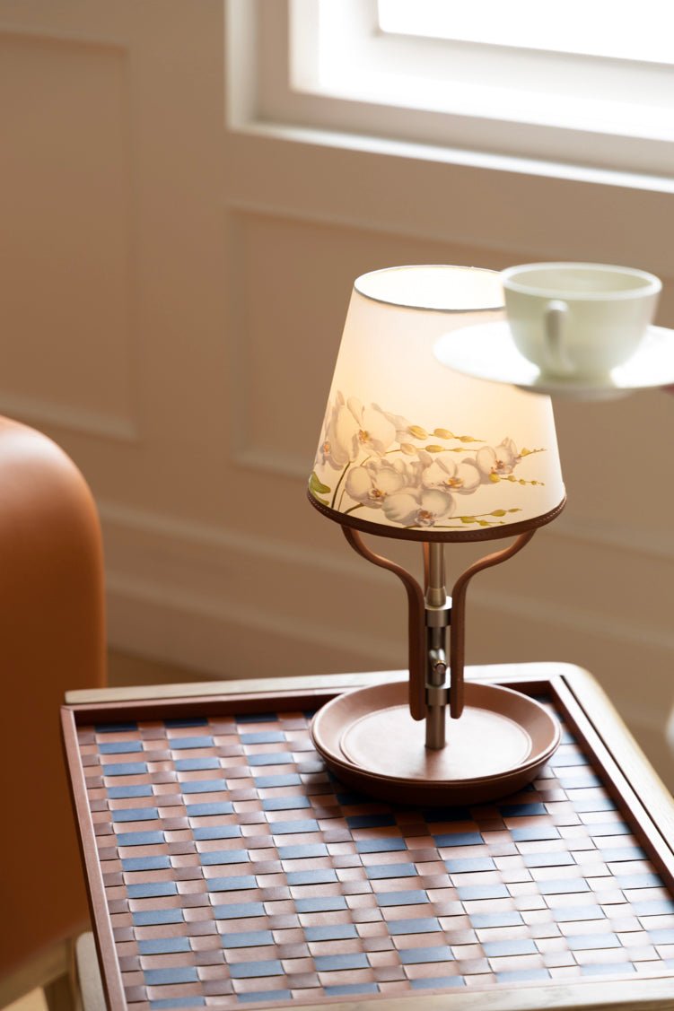Oriental Handmade Orchid Designer Lamps with Linen Shade and Italian Leather Base - WonderlandByLilian