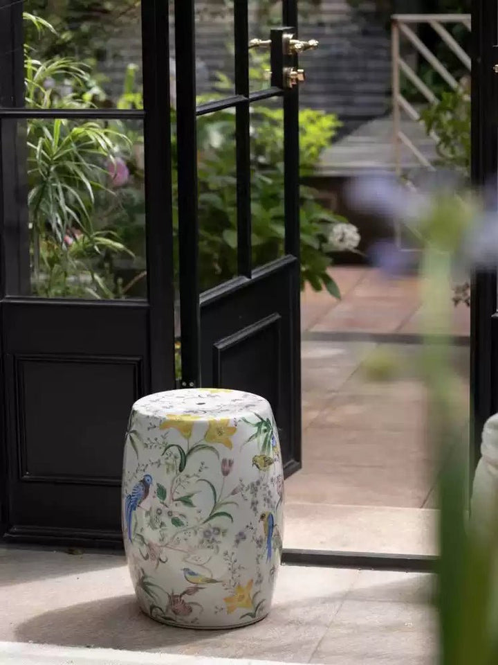 Oriental Handmade White Crackle Glaze Porcelain Garden Stool with Hand Painted Floral and Bird Motif - WonderlandByLilian