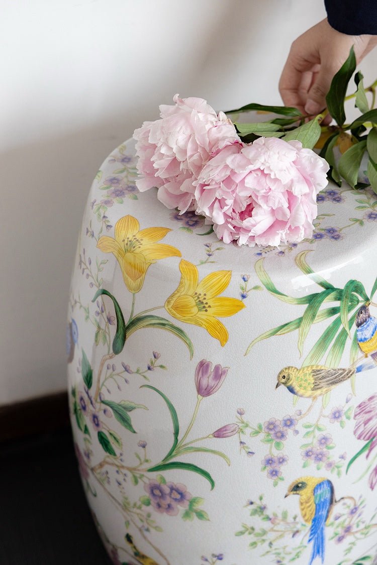 Oriental Handmade White Crackle Glaze Porcelain Garden Stool with Hand Painted Floral and Bird Motif - WonderlandByLilian