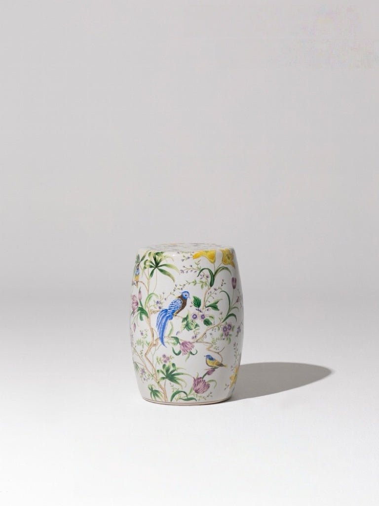 Oriental Handmade White Crackle Glaze Porcelain Garden Stool with Hand Painted Floral and Bird Motif - WonderlandByLilian