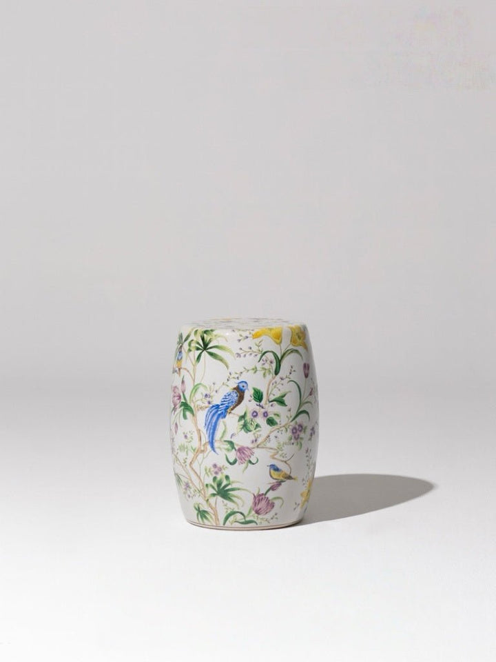 Oriental Handmade White Crackle Glaze Porcelain Garden Stool with Hand Painted Floral and Bird Motif - WonderlandByLilian