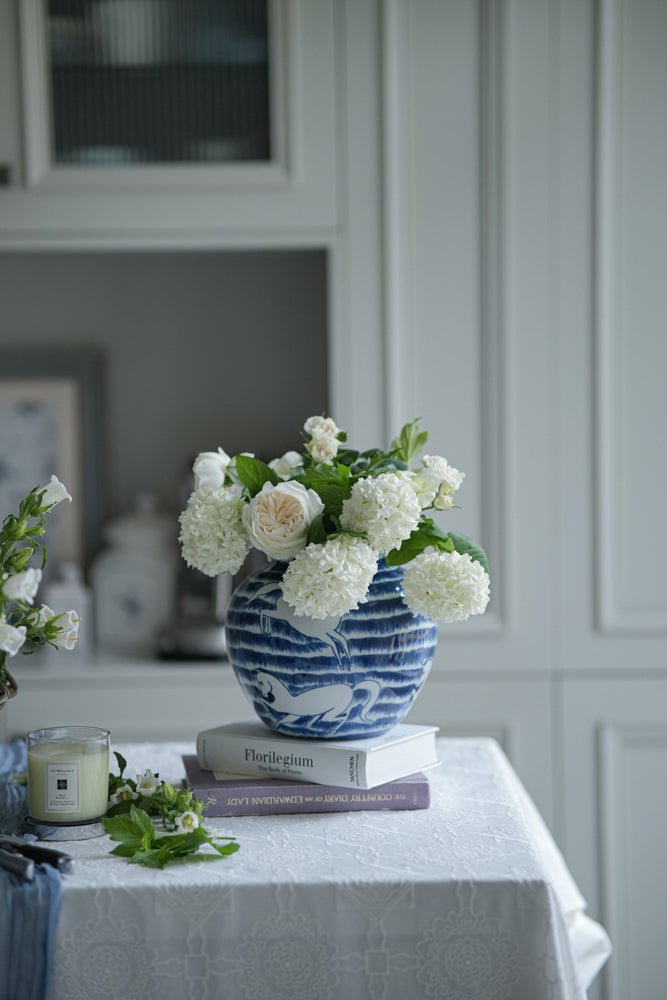 Oriental Handmdae Grisaille Blue and White Porcelain Jar with Hand - Painted White Horse Motif - WonderlandByLilian