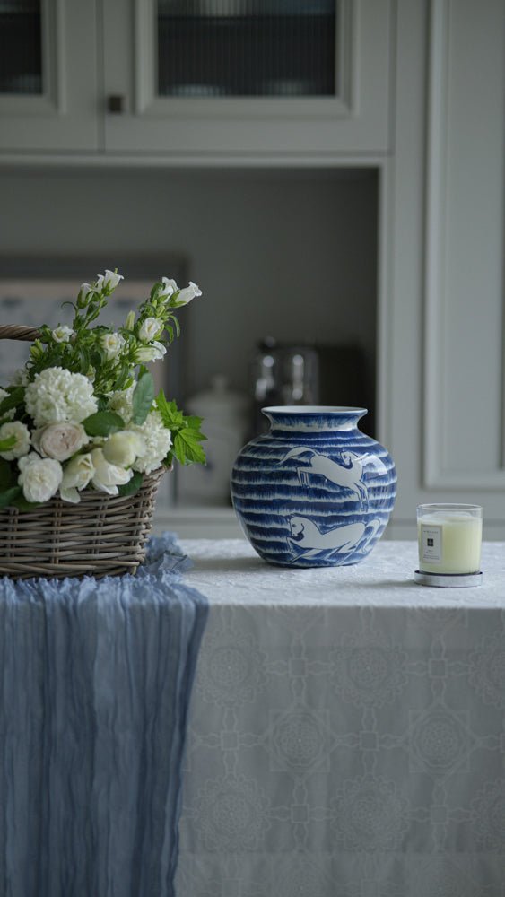 Oriental Handmdae Grisaille Blue and White Porcelain Jar with Hand - Painted White Horse Motif - WonderlandByLilian