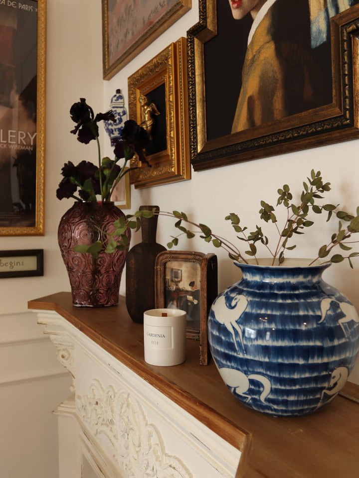 Oriental Handmdae Grisaille Blue and White Porcelain Jar with Hand - Painted White Horse Motif - WonderlandByLilian