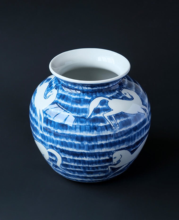 Oriental Handmdae Grisaille Blue and White Porcelain Jar with Hand - Painted White Horse Motif - WonderlandByLilian