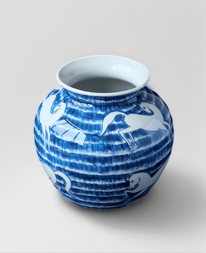 Oriental Handmdae Grisaille Blue and White Porcelain Jar with Hand - Painted White Horse Motif - WonderlandByLilian