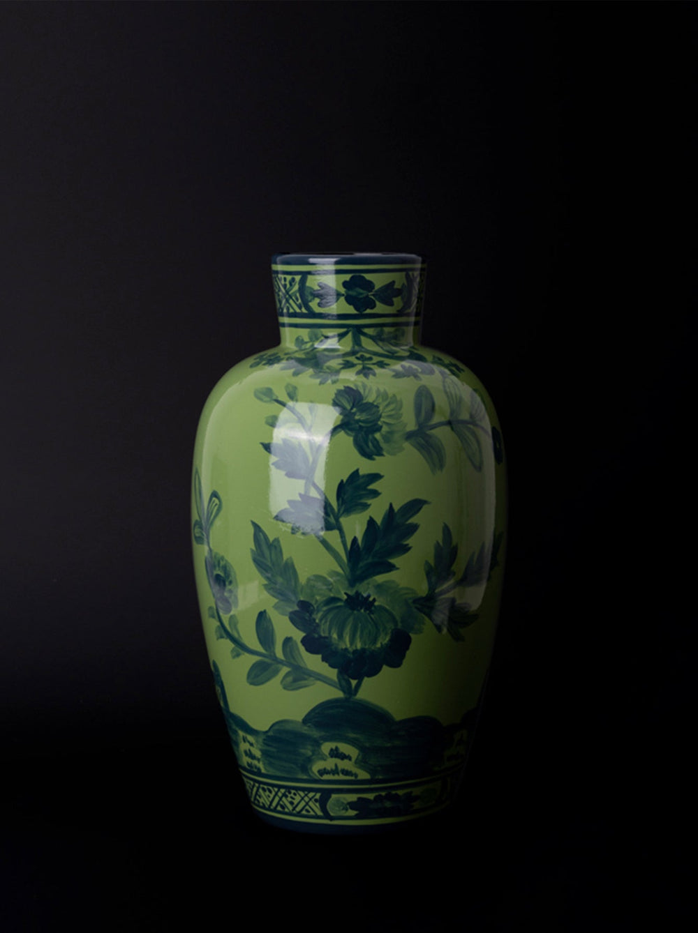 Oriental Italian Handmade Green Porcelain Vase with Indigo Hand - Painted Floral Motifs - WonderlandByLilian