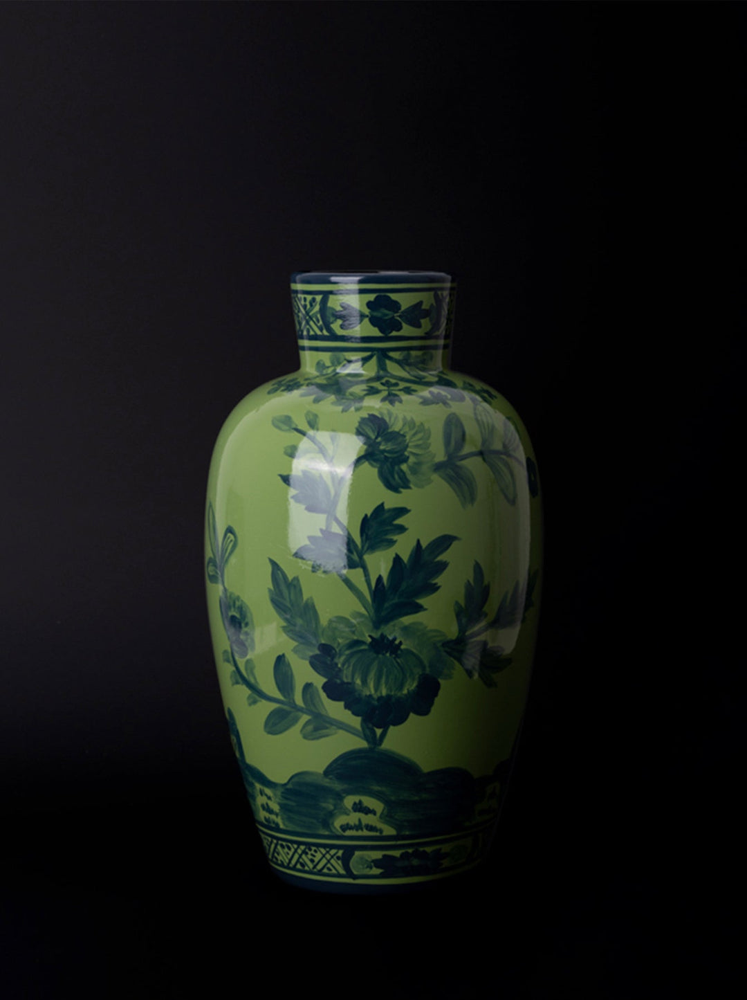 Oriental Italian Handmade Green Porcelain Vase with Indigo Hand - Painted Floral Motifs - WonderlandByLilian
