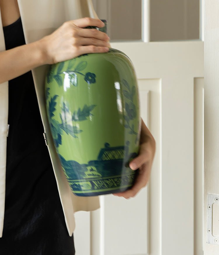 Oriental Italian Handmade Green Porcelain Vase with Indigo Hand - Painted Floral Motifs - WonderlandByLilian