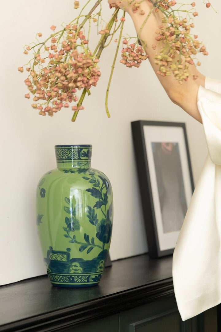 Oriental Italian Handmade Green Porcelain Vase with Indigo Hand - Painted Floral Motifs - WonderlandByLilian