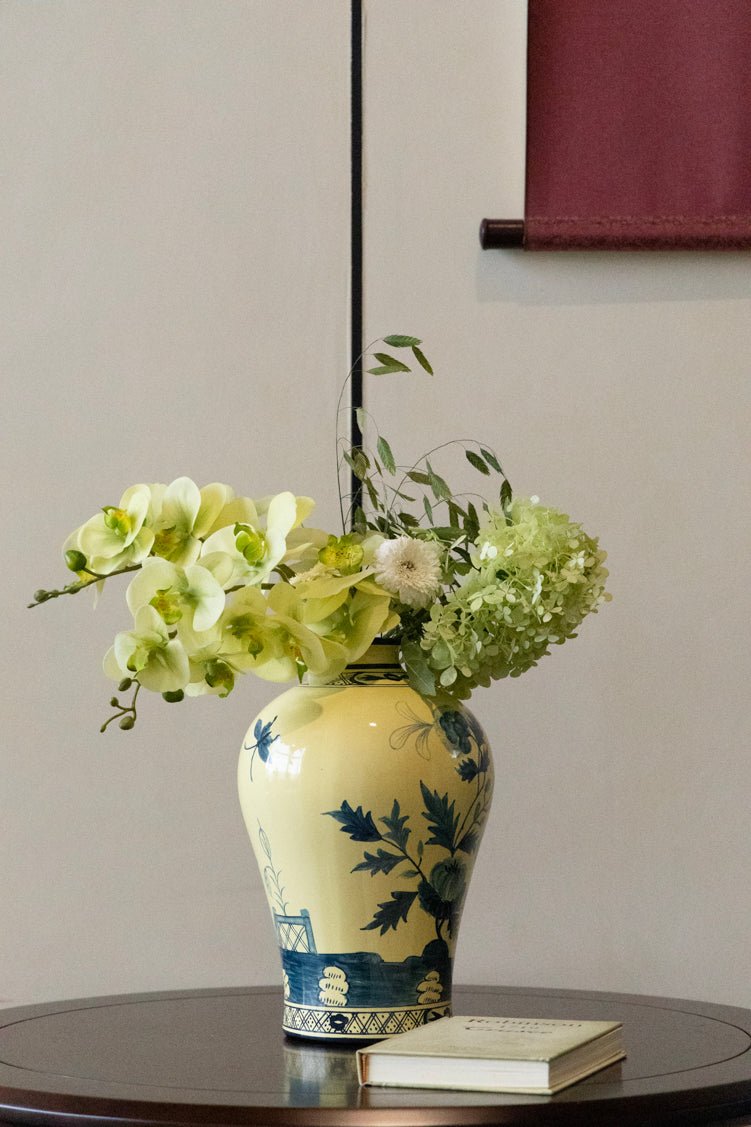 Oriental Italian Handmade Porcelain Vase in Naples Yellow with Cobalt Blue Floral Motifs - WonderlandByLilian