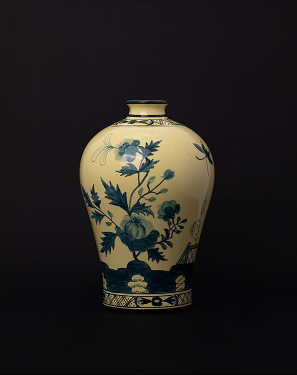 Oriental Italian Handmade Porcelain Vase in Naples Yellow with Cobalt Blue Floral Motifs - WonderlandByLilian