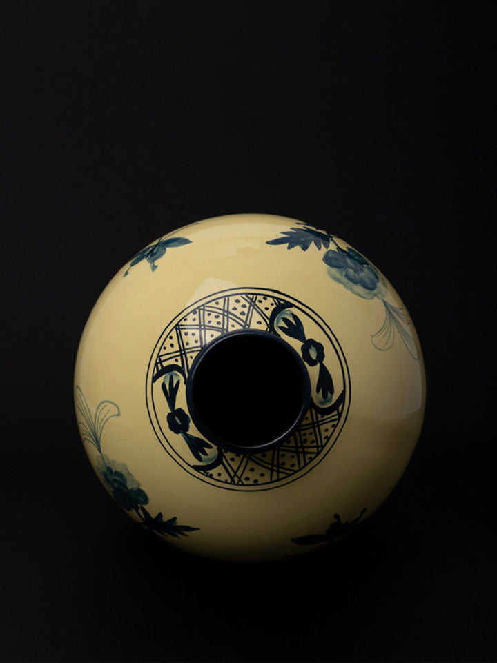 Oriental Italian Handmade Porcelain Vase in Naples Yellow with Cobalt Blue Floral Motifs - WonderlandByLilian