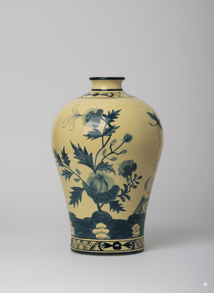 Oriental Italian Handmade Porcelain Vase in Naples Yellow with Cobalt Blue Floral Motifs - WonderlandByLilian