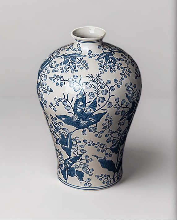 Oriental Light Blue Handcrafted Porcelain Vase and Entrance Decor with Lily of the Valley Motif - WonderlandByLilian