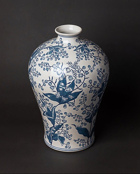 Oriental Light Blue Handcrafted Porcelain Vase and Entrance Decor with Lily of the Valley Motif - WonderlandByLilian