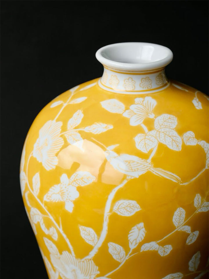 Oriental Yellow Glazed Porcelain Vase with White Floral Motifs French Imported - WonderlandByLilian