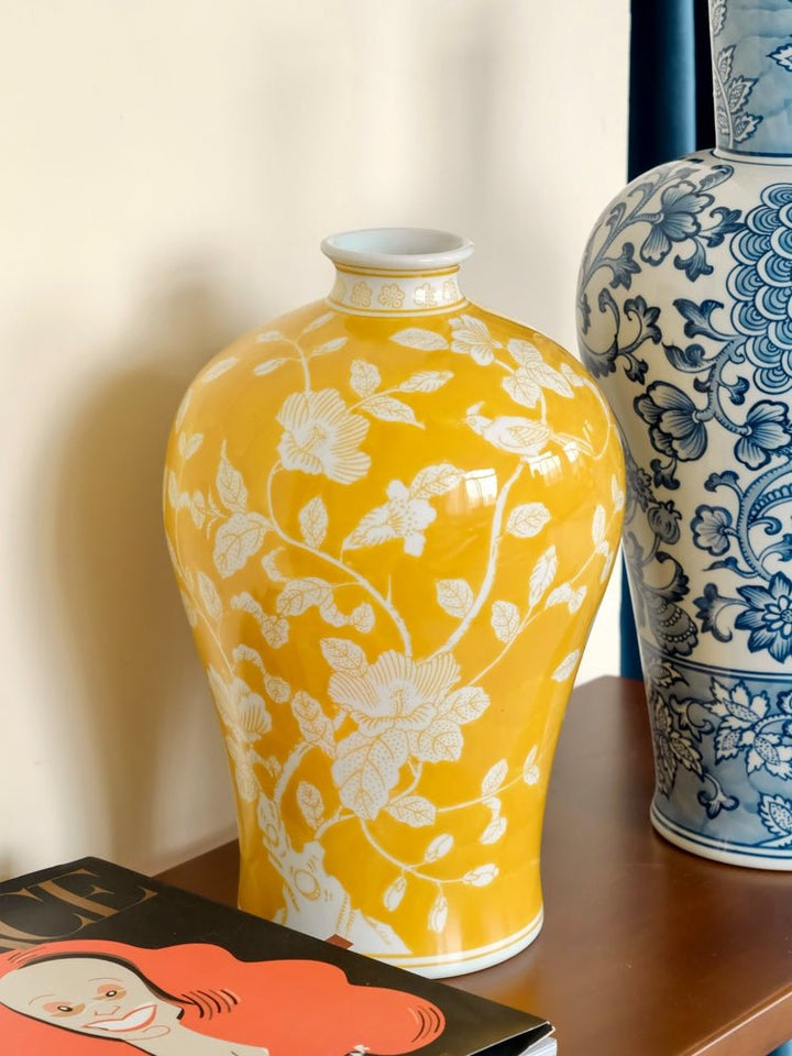 Oriental Yellow Glazed Porcelain Vase with White Floral Motifs French Imported - WonderlandByLilian