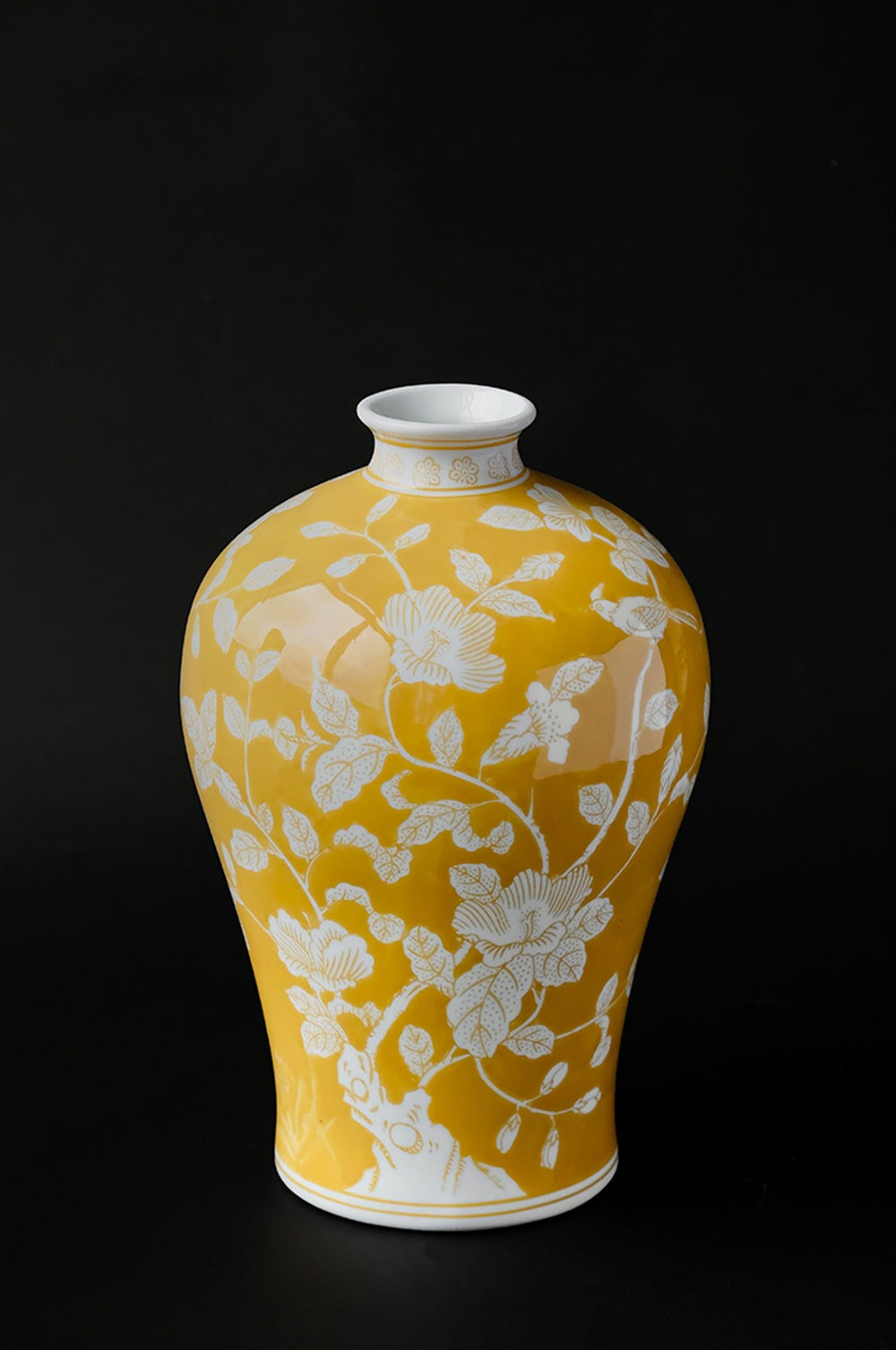 Oriental Yellow Glazed Porcelain Vase with White Floral Motifs French Imported - WonderlandByLilian