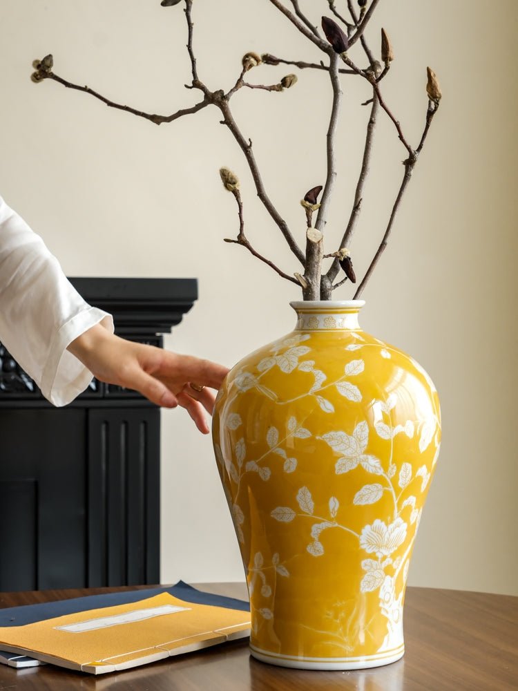 Oriental Yellow Glazed Porcelain Vase with White Floral Motifs French Imported - WonderlandByLilian