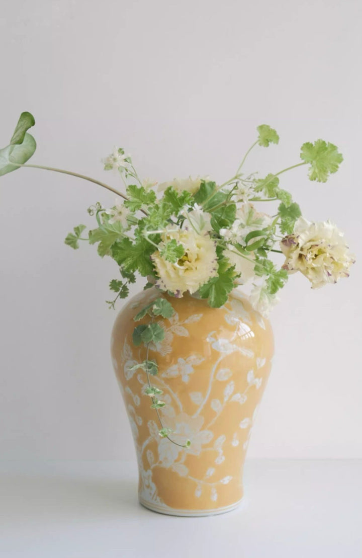Oriental Yellow Glazed Porcelain Vase with White Floral Motifs French Imported - WonderlandByLilian