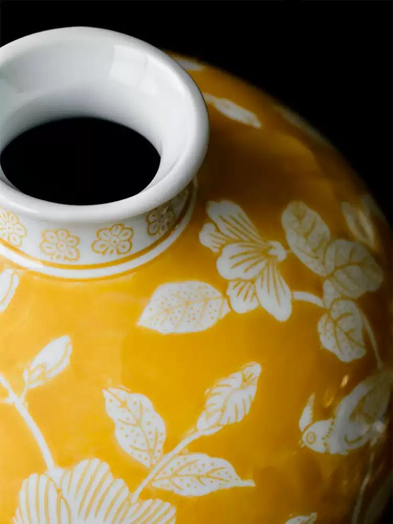 Oriental Yellow Glazed Porcelain Vase with White Floral Motifs French Imported - WonderlandByLilian