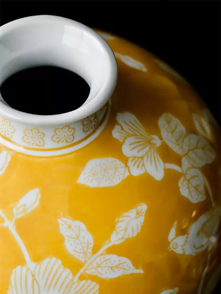 Oriental Yellow Glazed Porcelain Vase with White Floral Motifs French Imported - WonderlandByLilian