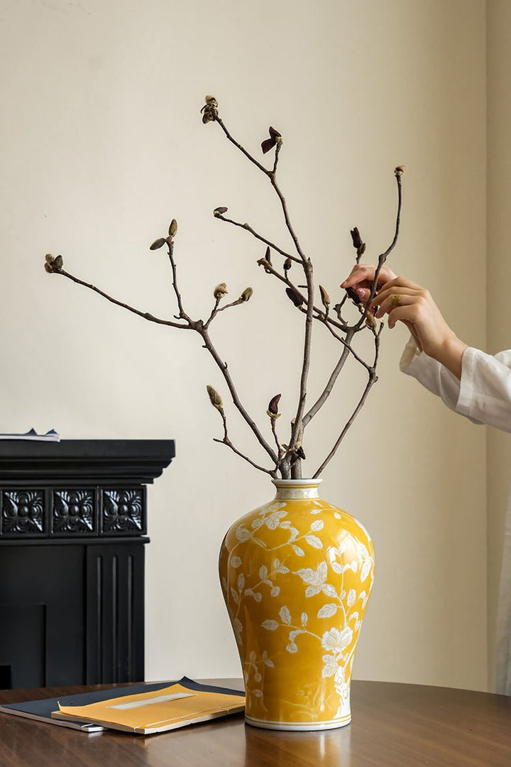 Oriental Yellow Glazed Porcelain Vase with White Floral Motifs French Imported - WonderlandByLilian